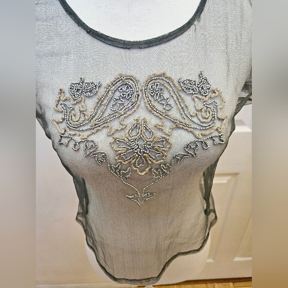 Magical Vintage NATAYA Gray Mesh Beaded Crop Blouse Top S - Picture 3 of 8